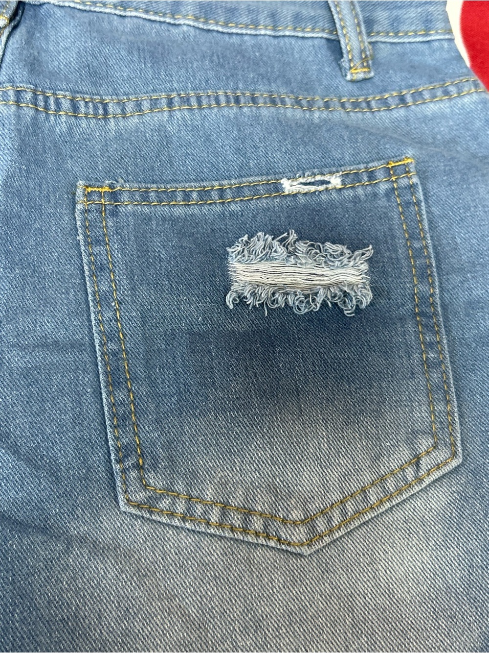 High-Rise Distressed Denim Jean Shorts with American Flag Patch - Blue - Picture 4 of 7
